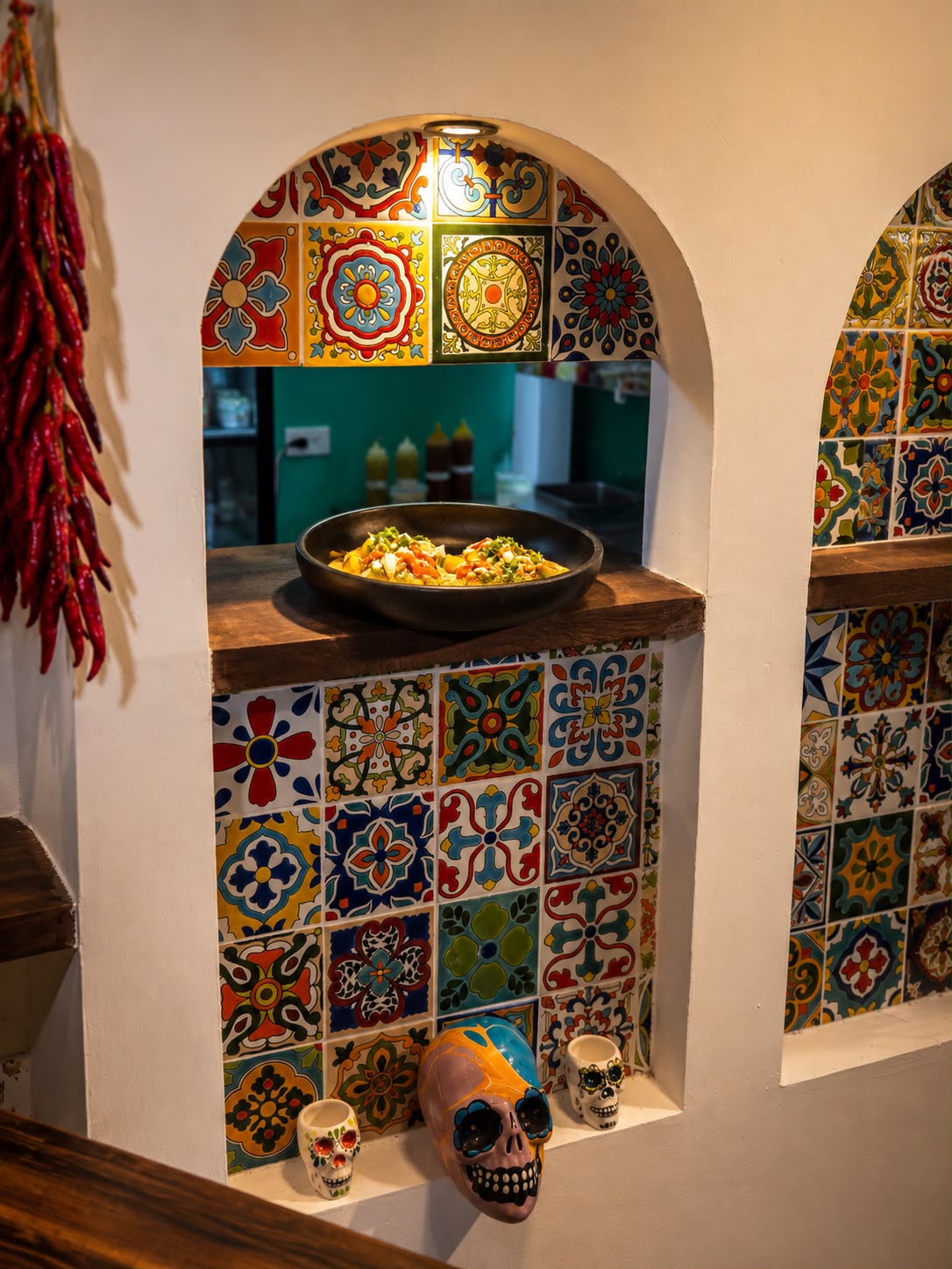 Ambiente interior con azulejos mexicanos y calaveras